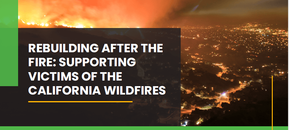 Wildfire landscape with support message overlay.