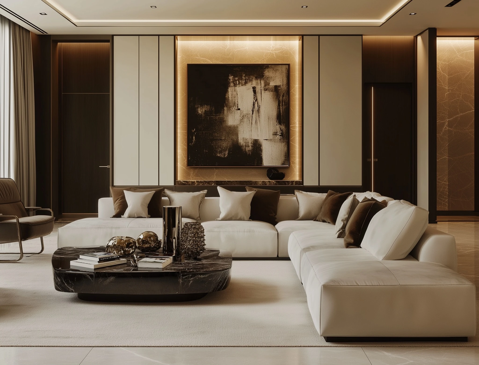 Living room with warm beige painted walls and sleek white trim by a painting company in La Jolla, CA.