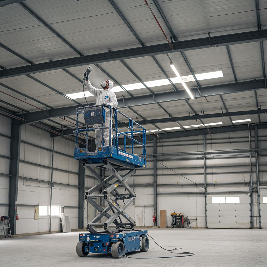 Industrial painter applying a protective coating to steel ceiling beams from a lift for a painting company in San Diego, CA.