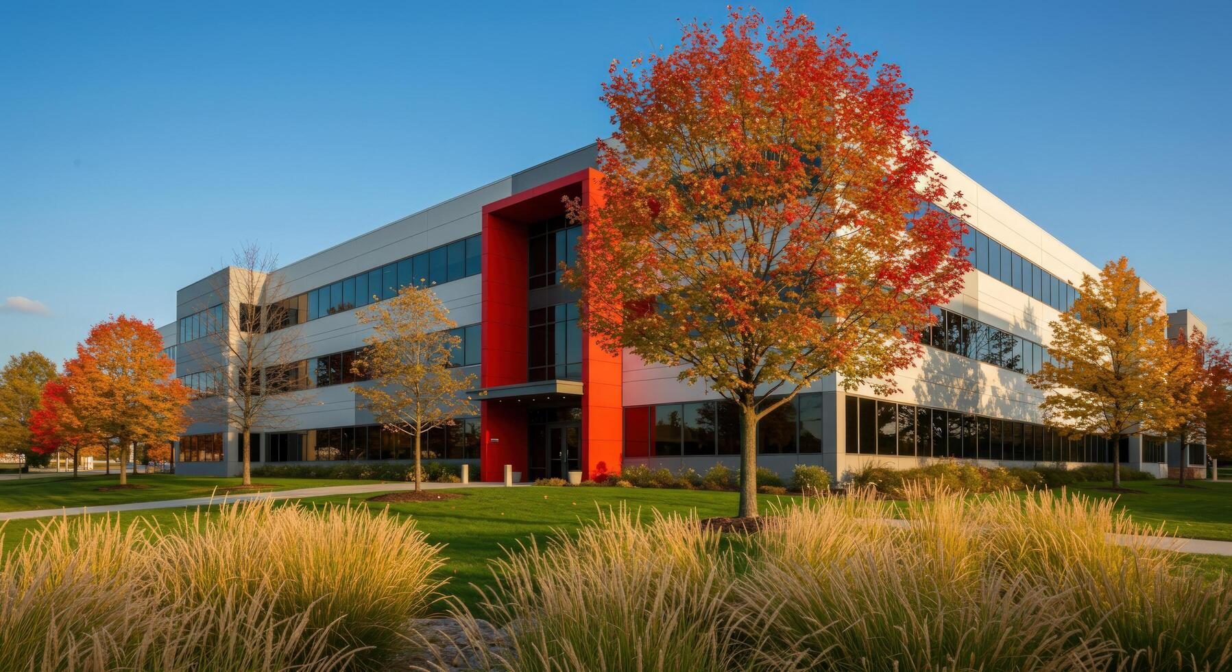 Freshly painted commercial building exterior during fall time