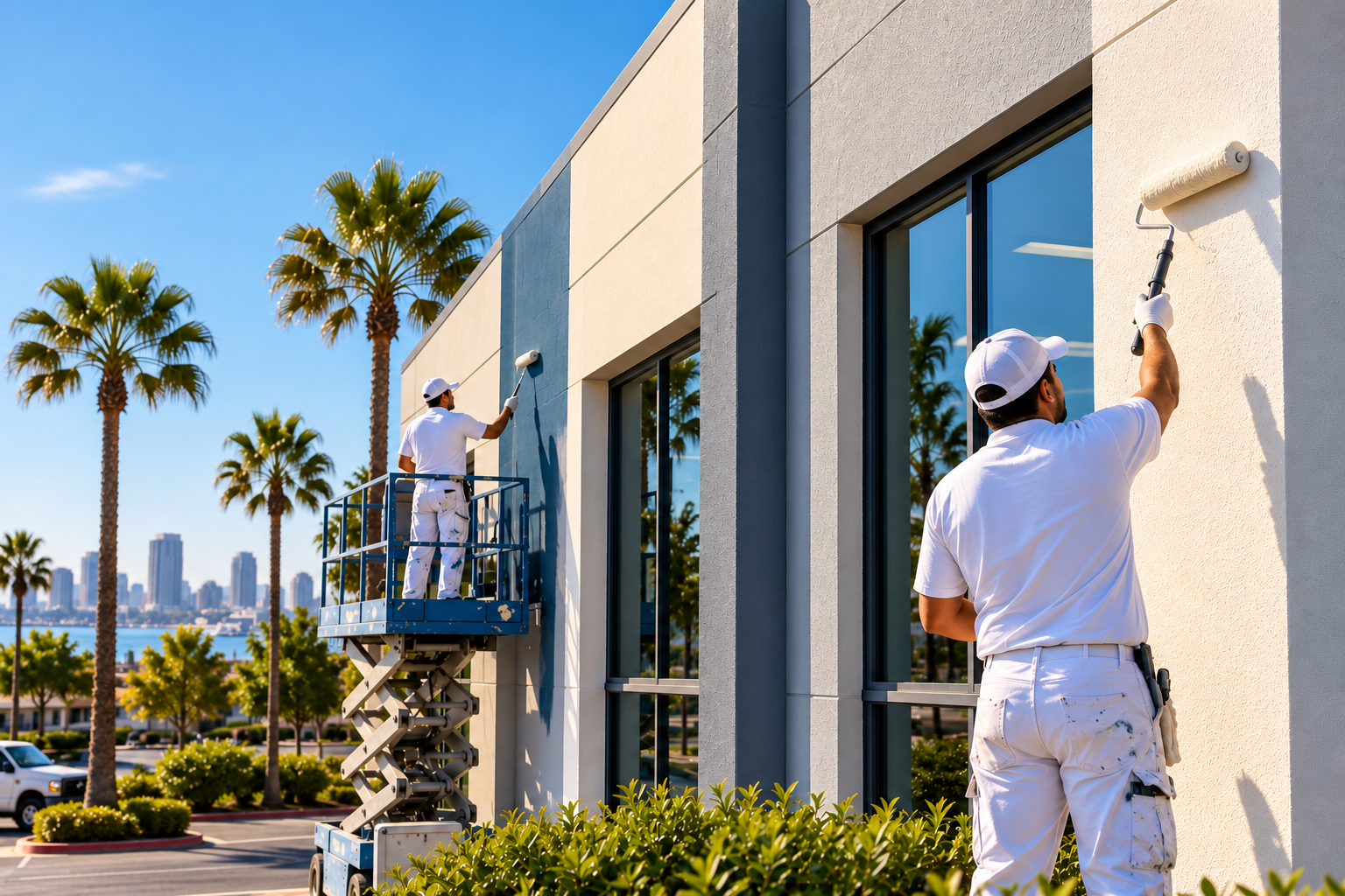 Commercial painters refreshing a San Diego office building exterior.