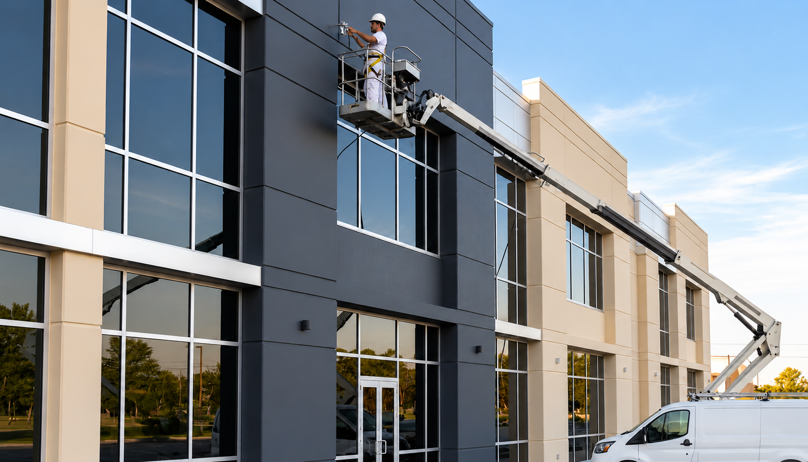 Commercial building undergoing surface preparation and painting by a commercial painter in La Mesa, CA