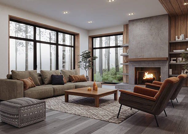 Living room with neutral wall colors, wood trim, and contrasting paint finishes by an interior painter in Del Mar, CA