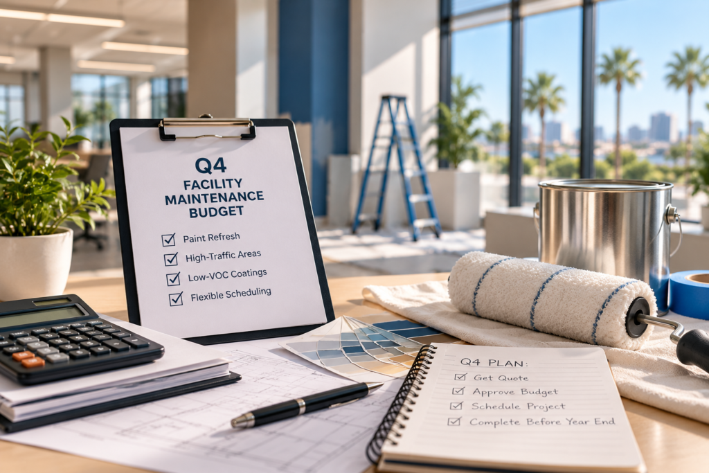 Commercial painting supplies and a facility maintenance budget checklist.