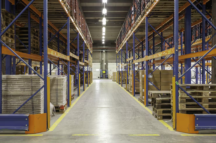 Warehouse interior with freshly coated industrial grade flooring